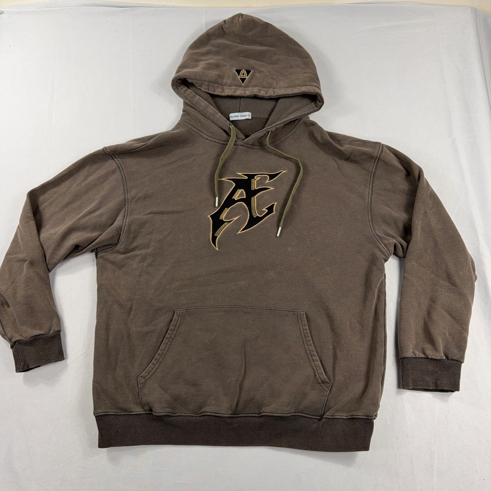 Aelfric Eden Hoodie Gothic AE Logo Embroidered Brown Streetwear Mens Large